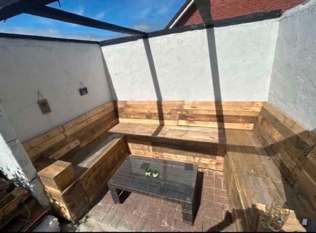 Seating built and ready for staining, with a matching table